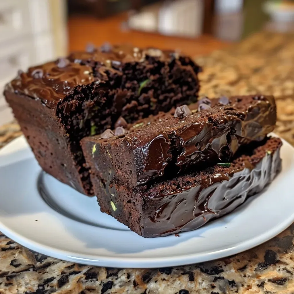 ['Close-up view of a slice of moist Chocolate Protein Zucchini Bread showcasing its rich chocolate color.', 'Side view of a delectable slice of Chocolate Protein Zucchini Bread with chocolate chips and zucchini visible.', 'Detailed shot of Chocolate Protein Zucchini Bread highlighting its soft texture and chocolatey goodness.', 'Close-up image of a slice of zucchini bread with a blend of chocolate and green zucchini pieces.']