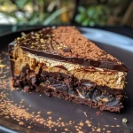 ['Close-up side view of a chocolate pumpkin torte showcasing a smooth, glossy finish.', 'Flourless chocolate pumpkin torte with a rich, dark color and slight dusting of cocoa powder.', 'Side view of a decadent chocolate dessert highlighting the creamy texture and layered appearance.', 'Detailed view of a delicious chocolate pumpkin torte with visible almond butter and chocolate layers.']
