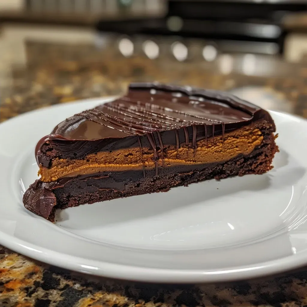 ['Close-up side view of a chocolate pumpkin torte showcasing a smooth, glossy finish.', 'Flourless chocolate pumpkin torte with a rich, dark color and slight dusting of cocoa powder.', 'Side view of a decadent chocolate dessert highlighting the creamy texture and layered appearance.', 'Detailed view of a delicious chocolate pumpkin torte with visible almond butter and chocolate layers.']
