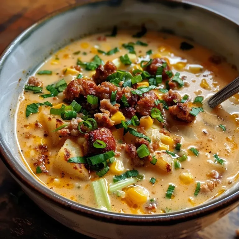 ['Close-up view of a creamy chorizo, corn, and potato chowder topped with scallions.', 'Side angle of a bowl filled with colorful chorizo, corn, and potato chowder with visible ingredients.', 'A rich and hearty chorizo chowder showcasing corn and diced potatoes in a bowl.', 'Close-up image revealing a textured chorizo corn chowder with fresh scallions sprinkled on top.']