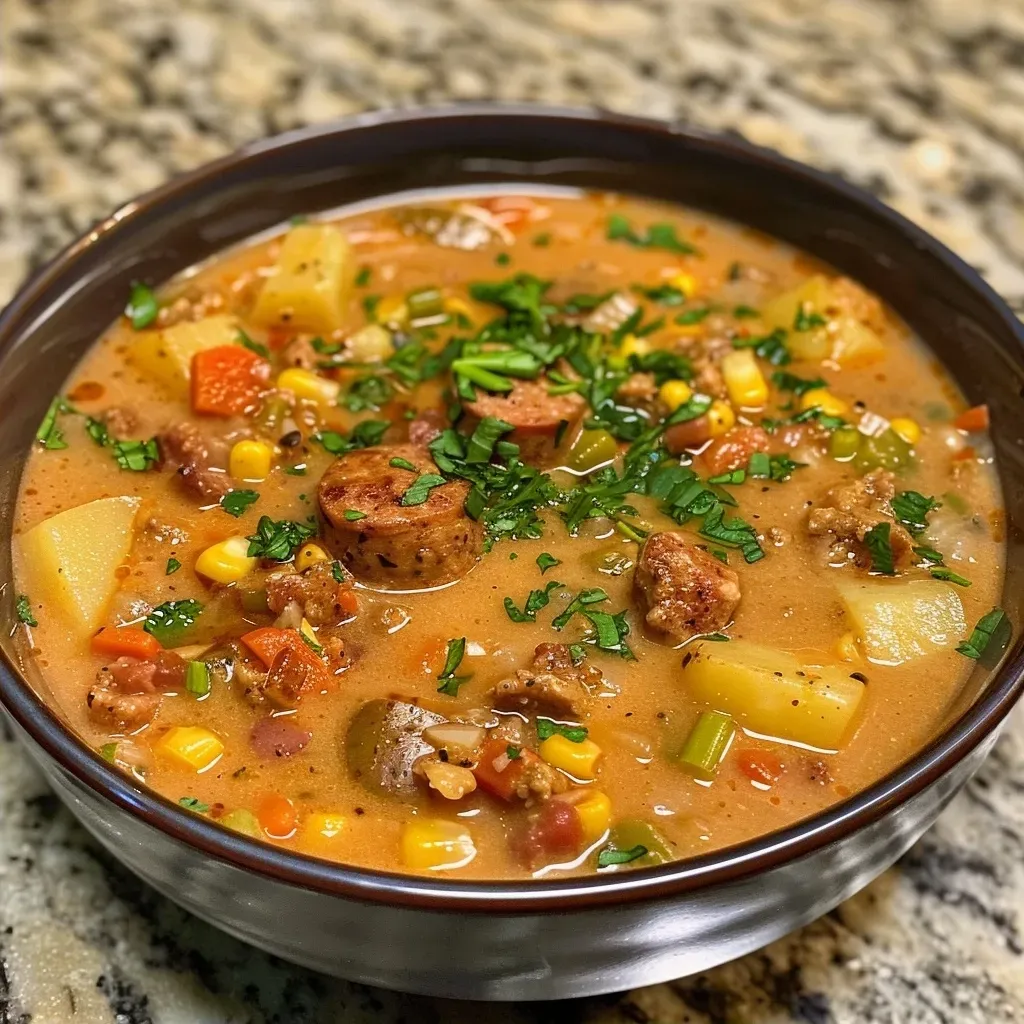 ['Close-up view of a creamy chorizo, corn, and potato chowder topped with scallions.', 'Side angle of a bowl filled with colorful chorizo, corn, and potato chowder with visible ingredients.', 'A rich and hearty chorizo chowder showcasing corn and diced potatoes in a bowl.', 'Close-up image revealing a textured chorizo corn chowder with fresh scallions sprinkled on top.']