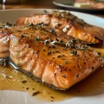 ['Close-up of Cider-Glazed Salmon fillet with herbs on a white plate.', 'Side view of juicy Cider-Glazed Salmon garnished with leeks.', 'Sizzling Cider-Glazed Salmon with a glossy glaze and fresh herbs.', 'Detailed shot of a salmon fillet with apple cider glaze and herbs.']