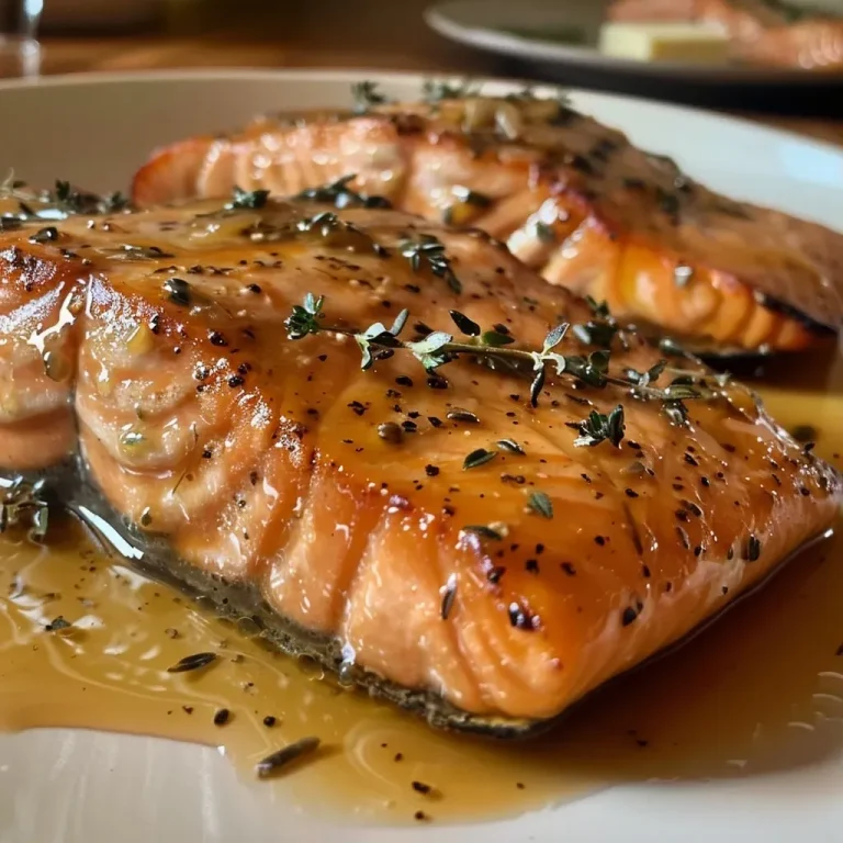 ['Close-up of Cider-Glazed Salmon fillet with herbs on a white plate.', 'Side view of juicy Cider-Glazed Salmon garnished with leeks.', 'Sizzling Cider-Glazed Salmon with a glossy glaze and fresh herbs.', 'Detailed shot of a salmon fillet with apple cider glaze and herbs.']