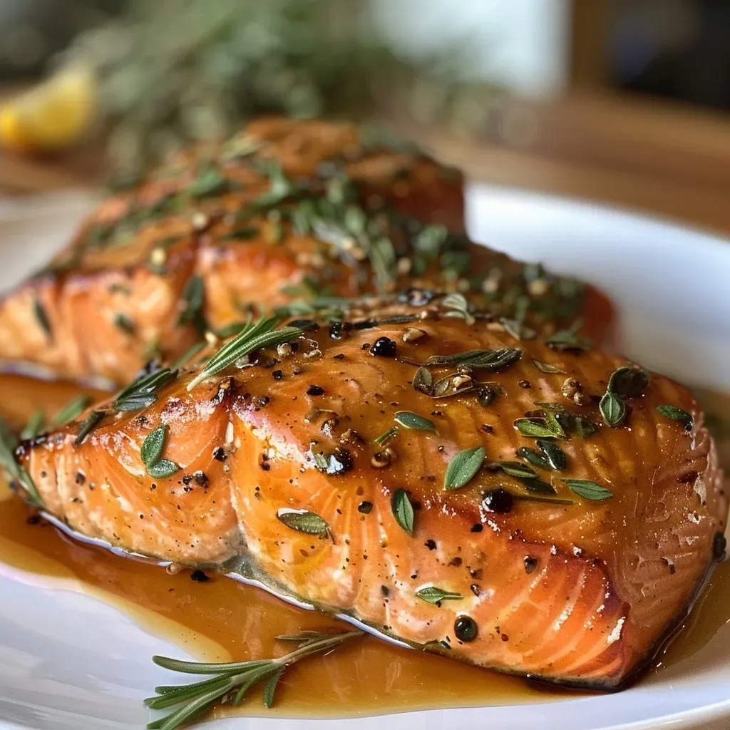 ['Close-up of Cider-Glazed Salmon fillet with herbs on a white plate.', 'Side view of juicy Cider-Glazed Salmon garnished with leeks.', 'Sizzling Cider-Glazed Salmon with a glossy glaze and fresh herbs.', 'Detailed shot of a salmon fillet with apple cider glaze and herbs.']