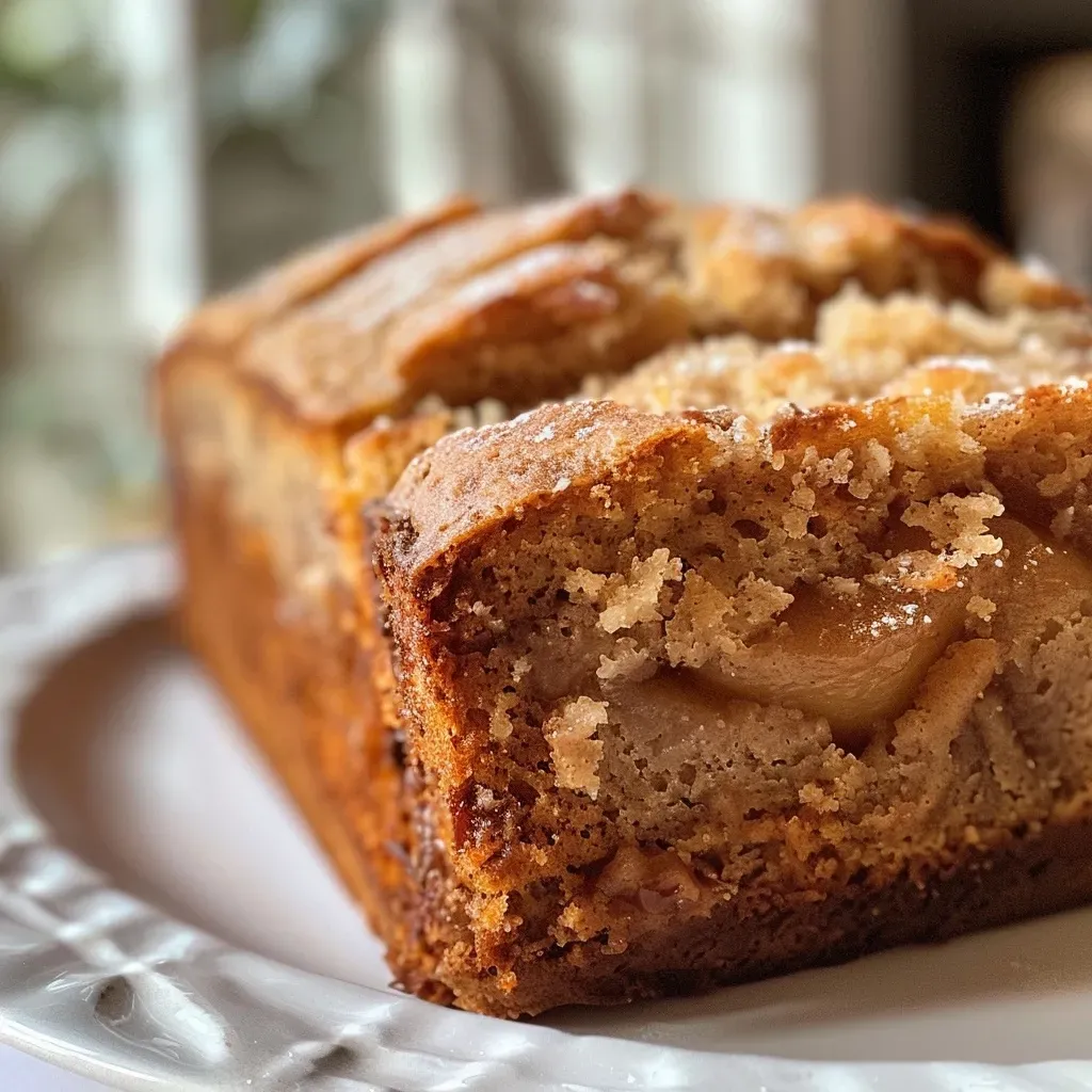 ['A close-up side view of a loaf of Cinnamon Apple Bread showcasing its golden-brown crust and apple pieces.', 'A detailed side view of freshly baked Cinnamon Apple Bread with a soft texture and visible cinnamon swirls.', 'An image displaying a moist slice of Cinnamon Apple Bread revealing apples and cinnamon in the batter.', 