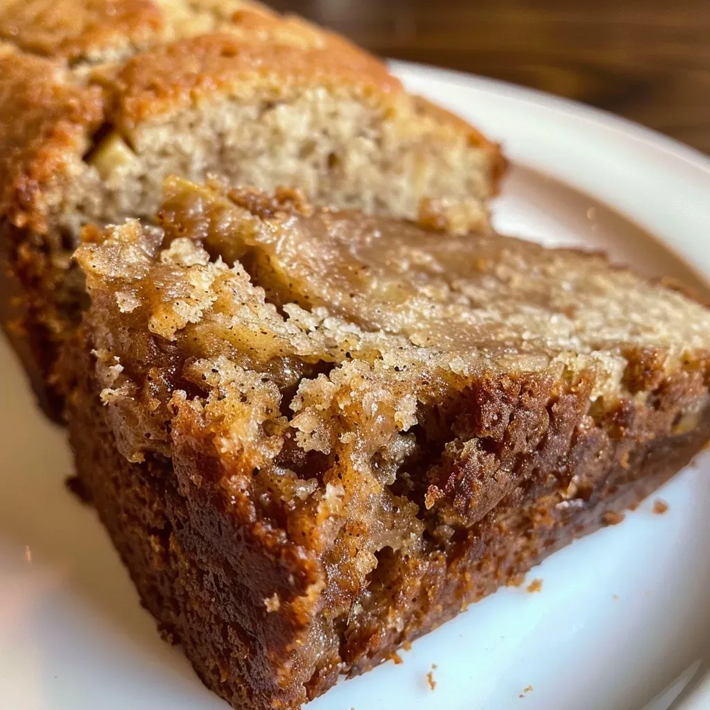 ['A close-up side view of a slice of Cinnamon Apple Bread showcasing its moist texture and apple chunks.', 'A delectable slice of Cinnamon Apple Bread highlighting its golden crust and juicy apple pieces.', 'A side view of a piece of Cinnamon Apple Bread revealing its cinnamon-sugar topping and soft interior.', 'A close-up of Cinnamon Apple Bread featuring cinnamon swirls and visible apple slices.']