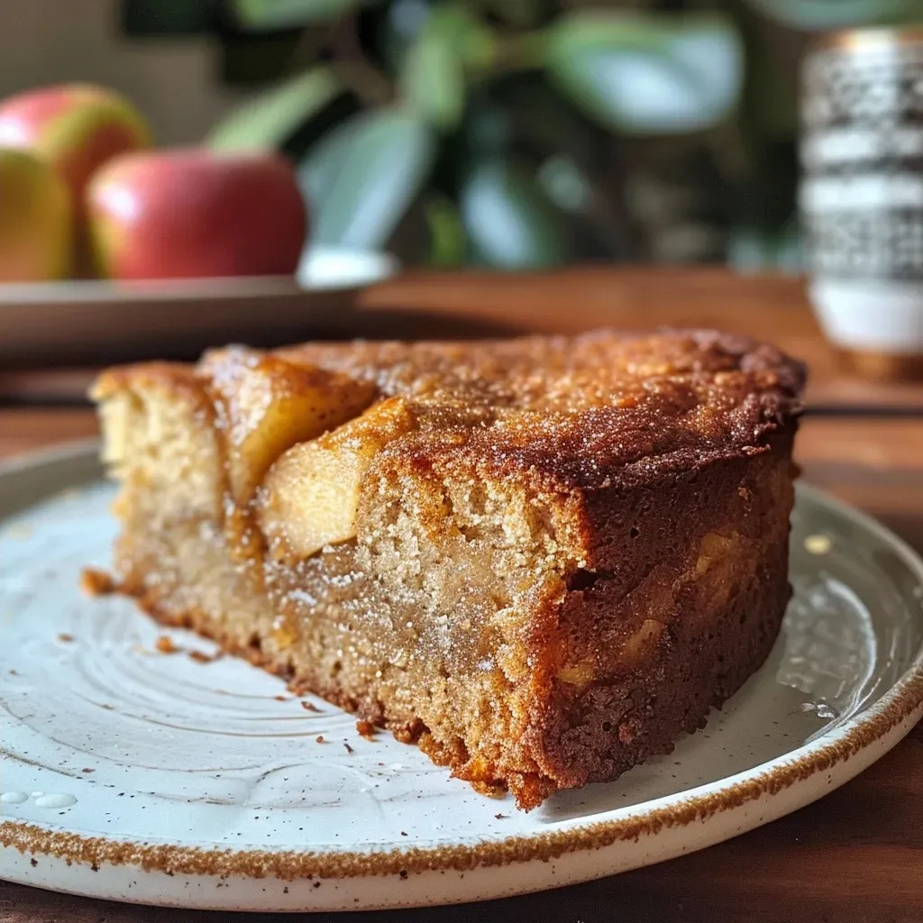 ['A moist, side view of a cinnamon and apple cake with a golden brown crust and a slice cut out.', 'Close-up of a delicious Cinnamon & Apple Cake displaying chunks of apple and a sprinkle of cinnamon on top.', 'Side view of a freshly baked Cinnamon & Apple Cake, showing its textured layer and glossy finish.', 'Tantalizing side shot of a Cinnamon & Apple Cake with visible apple pieces and a warm inviting appearance.']