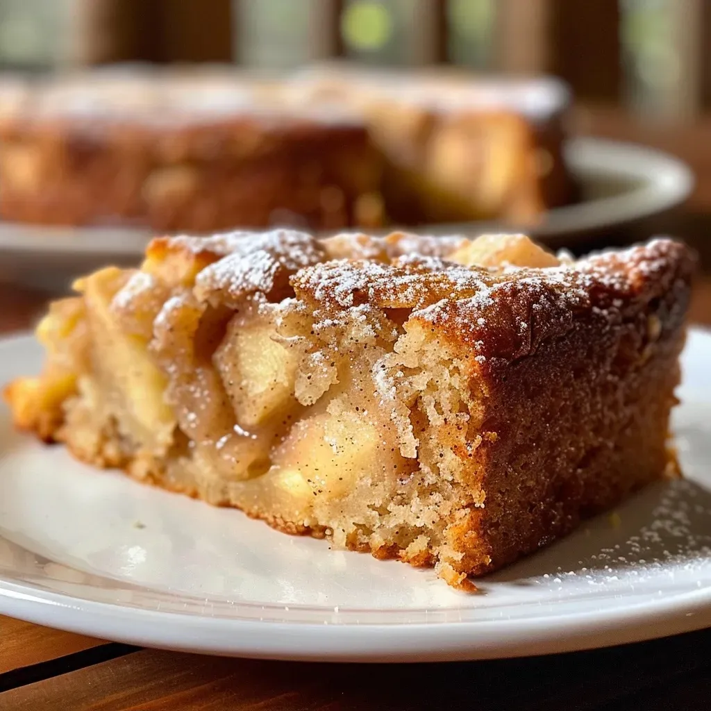 ['Close-up of a slice of moist Cinnamon Apple Cake with visible apple chunks and walnuts.', 'Side view of a warm Cinnamon Apple Cake, showcasing its golden brown crust and apple filling.', 'Juicy Cinnamon Apple Cake slice revealing layers of apple and a sprinkle of cinnamon on top.', 'A delicious piece of Cinnamon Apple Cake on a plate, highlighting its spiced texture and ingredients.']