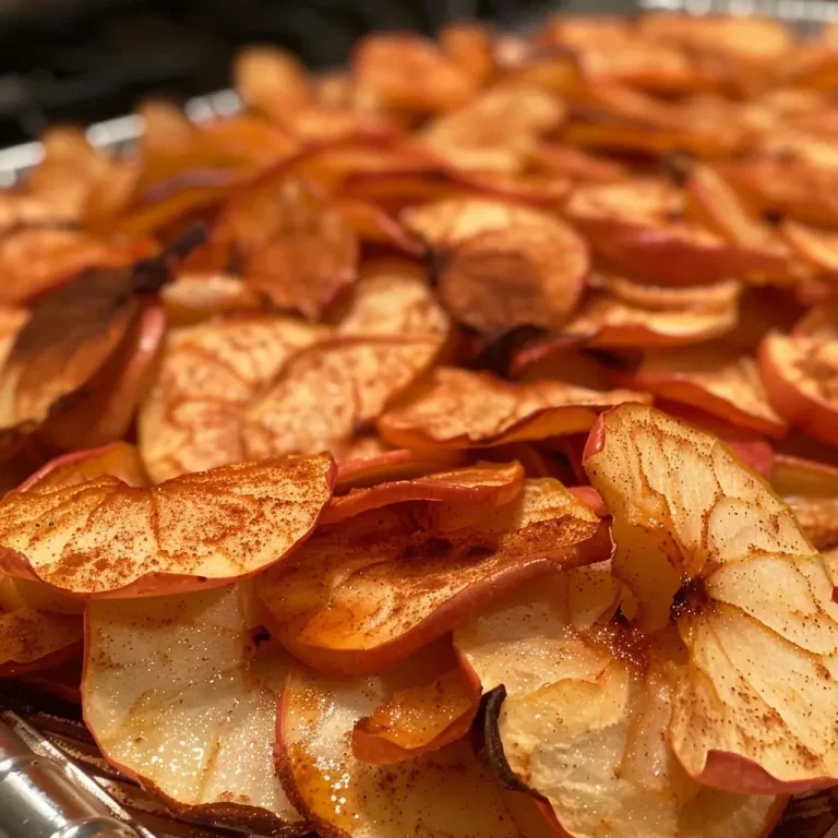 ['Close-up view of golden-brown cinnamon apple chips arranged on a plate.', 'Sliced apple chips dusted with cinnamon, showing their crispy texture.', 'Side angle of cinnamon apple chips with a warm, inviting color.', 'Delicious-looking cinnamon apple chips displayed in a neat stack.']