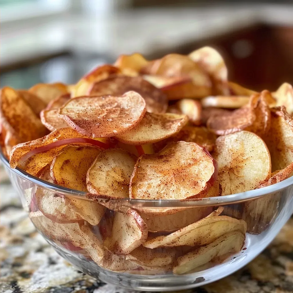['Close-up view of golden-brown cinnamon apple chips arranged on a plate.', 'Sliced apple chips dusted with cinnamon, showing their crispy texture.', 'Side angle of cinnamon apple chips with a warm, inviting color.', 'Delicious-looking cinnamon apple chips displayed in a neat stack.']