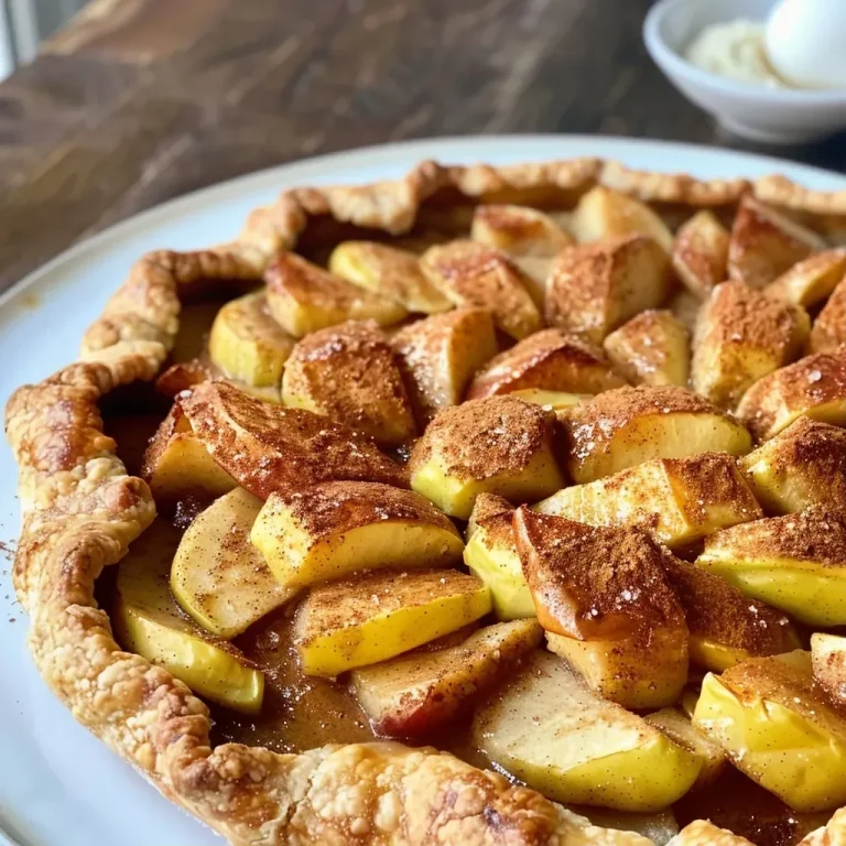 ['Close-up side view of a golden brown Cinnamon Apple Galette with visible apple slices and a flaky crust.', 'Juicy Cinnamon Apple Galette featuring a rustic crust and sliced apples, captured in a detailed side angle.', 'A side view image of a freshly baked Cinnamon Apple Galette, showcasing its flaky texture and cinnamon dusting.', 'Detailed close-up shot of a Cinnamon Apple Galette, highlighting the caramelized apple filling and golden crust.']