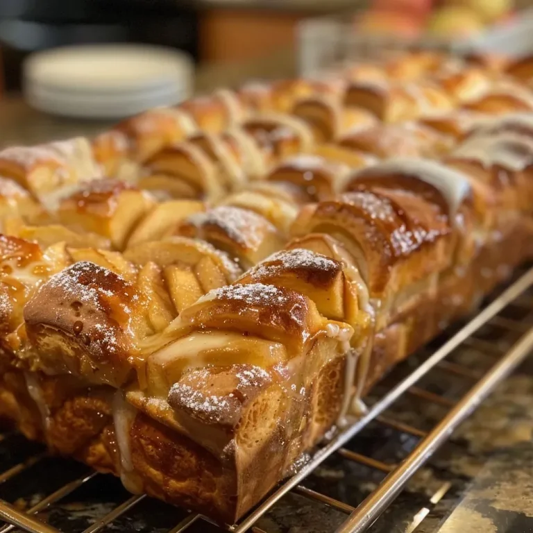 ['Close-up view of golden-brown Cinnamon Apple Pull-Apart Bread with glossy glaze.', 'Side angle of warm pull-apart cinnamon apple bread, showcasing apple pieces and a sugar topping.', 'Crispy edges of Cinnamon Apple Pull-Apart Bread highlighting soft, fluffy interior mixed with apple chunks.', 'Deliciously sticky Cinnamon Apple Pull-Apart Bread with visible cinnamon and sugar on top.']