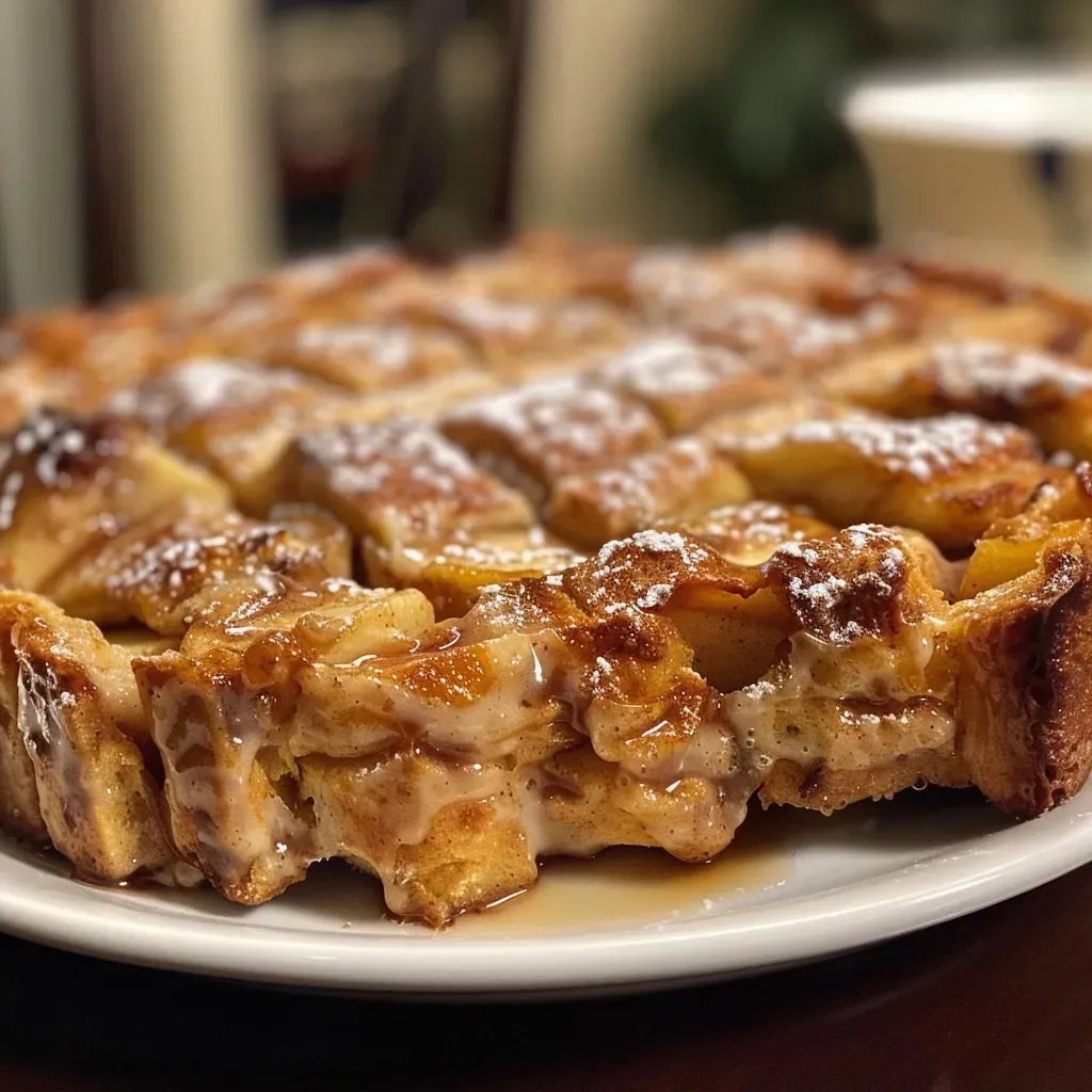 ['Close-up view of golden-brown Cinnamon Apple Pull-Apart Bread with glossy glaze.', 'Side angle of warm pull-apart cinnamon apple bread, showcasing apple pieces and a sugar topping.', 'Crispy edges of Cinnamon Apple Pull-Apart Bread highlighting soft, fluffy interior mixed with apple chunks.', 'Deliciously sticky Cinnamon Apple Pull-Apart Bread with visible cinnamon and sugar on top.']