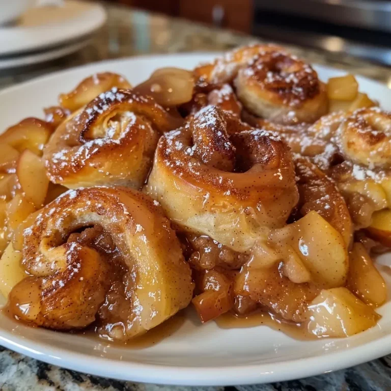 ['Close-up view of a freshly baked cinnamon roll apple cobbler topped with icing.', 'Side view of a delicious cinnamon roll apple cobbler, showcasing the golden crust and juicy apple filling.', 'Slice of cinnamon roll apple cobbler with visible apple pieces and cinnamon rolls, drizzled with icing.', 'Juicy apple cobbler with cinnamon roll elements, captured from the side to highlight its texture.']