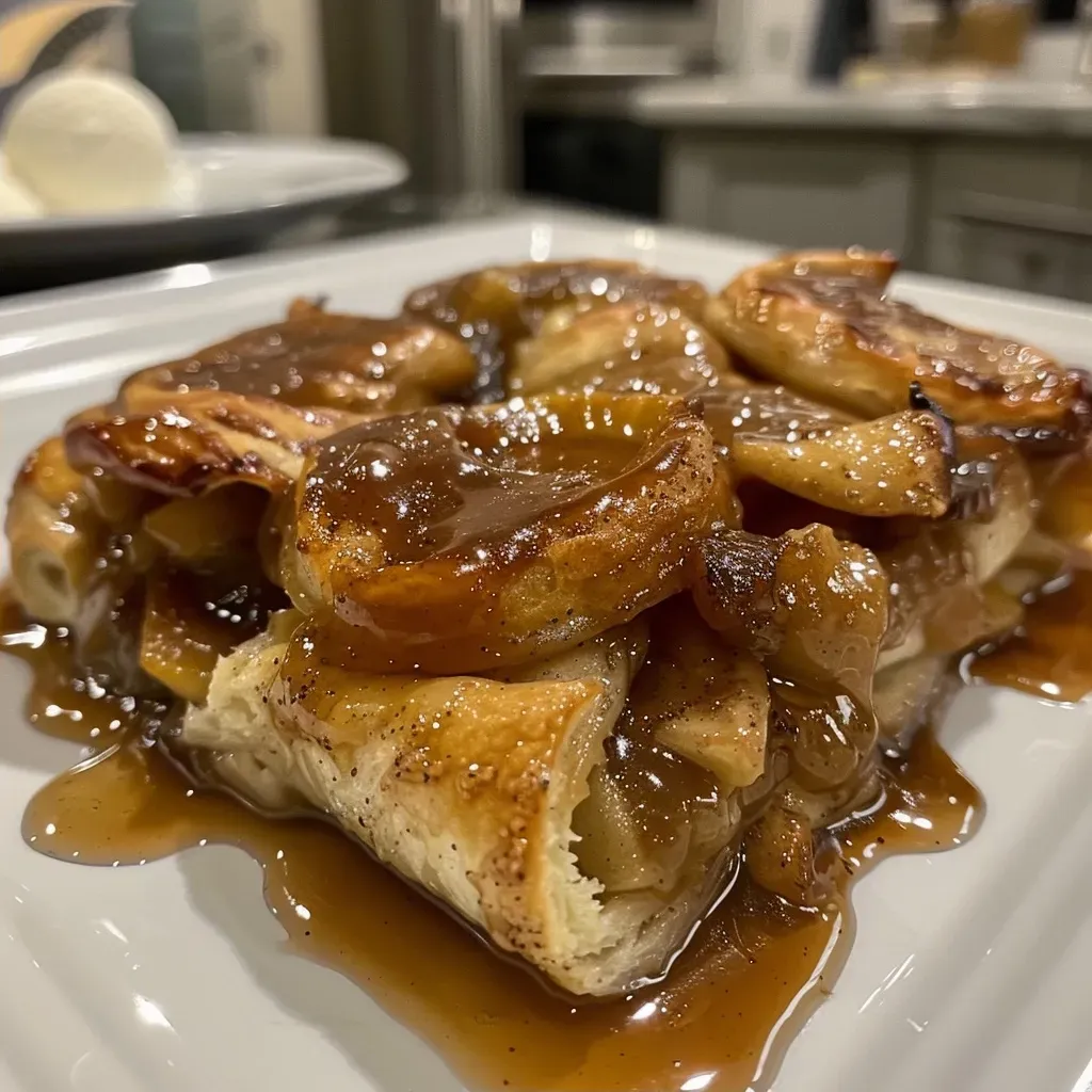 ['Close-up view of a freshly baked cinnamon roll apple cobbler topped with icing.', 'Side view of a delicious cinnamon roll apple cobbler, showcasing the golden crust and juicy apple filling.', 'Slice of cinnamon roll apple cobbler with visible apple pieces and cinnamon rolls, drizzled with icing.', 'Juicy apple cobbler with cinnamon roll elements, captured from the side to highlight its texture.']