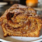 ['Close-up side view of cinnamon roll pumpkin bread drizzled with cream cheese glaze.', 'Slice of cinnamon roll pumpkin bread with cream cheese glaze on a rustic wooden table.', 'Moist pumpkin bread swirled with cinnamon and topped with a creamy glaze in a cozy kitchen setting.', 'Deliciously glazed pumpkin bread with visible cinnamon swirl, presented on a white plate.']