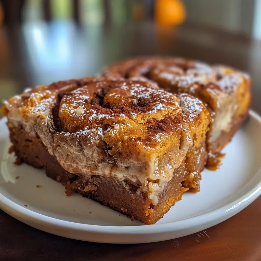 ['Close-up side view of cinnamon roll pumpkin bread drizzled with cream cheese glaze.', 'Slice of cinnamon roll pumpkin bread with cream cheese glaze on a rustic wooden table.', 'Moist pumpkin bread swirled with cinnamon and topped with a creamy glaze in a cozy kitchen setting.', 'Deliciously glazed pumpkin bread with visible cinnamon swirl, presented on a white plate.']