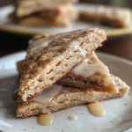 ['Close-up side view of golden-brown cinnamon scones drizzled with a glossy maple glaze.', 'Juicy cinnamon scones topped with a sweet maple glaze, showcasing a delicious texture.', 'Side view of freshly baked cinnamon scones with a rich maple syrup glaze glistening on top.', 'Soft, flaky cinnamon scones adorned with a shiny maple glaze, highlighting their inviting appearance.']