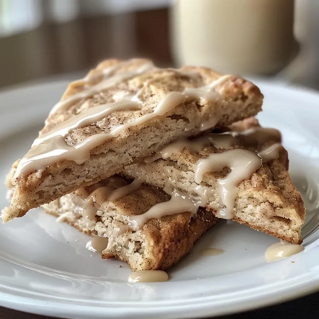 ['Close-up side view of golden-brown cinnamon scones drizzled with a glossy maple glaze.', 'Juicy cinnamon scones topped with a sweet maple glaze, showcasing a delicious texture.', 'Side view of freshly baked cinnamon scones with a rich maple syrup glaze glistening on top.', 'Soft, flaky cinnamon scones adorned with a shiny maple glaze, highlighting their inviting appearance.']