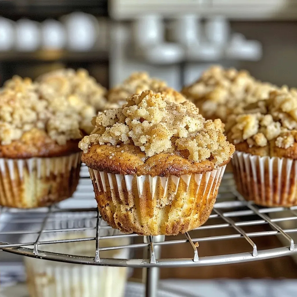 ['Close-up view of warm Cinnamon Streusel Muffins with a golden-brown topping.', 'Side view of freshly baked Cinnamon Streusel Muffins showcasing their crumbly texture.', 'Juicy Cinnamon Streusel Muffins displayed with a crunchy streusel topping.', 'Deliciously moist Cinnamon Streusel Muffins highlighted from a side angle.']