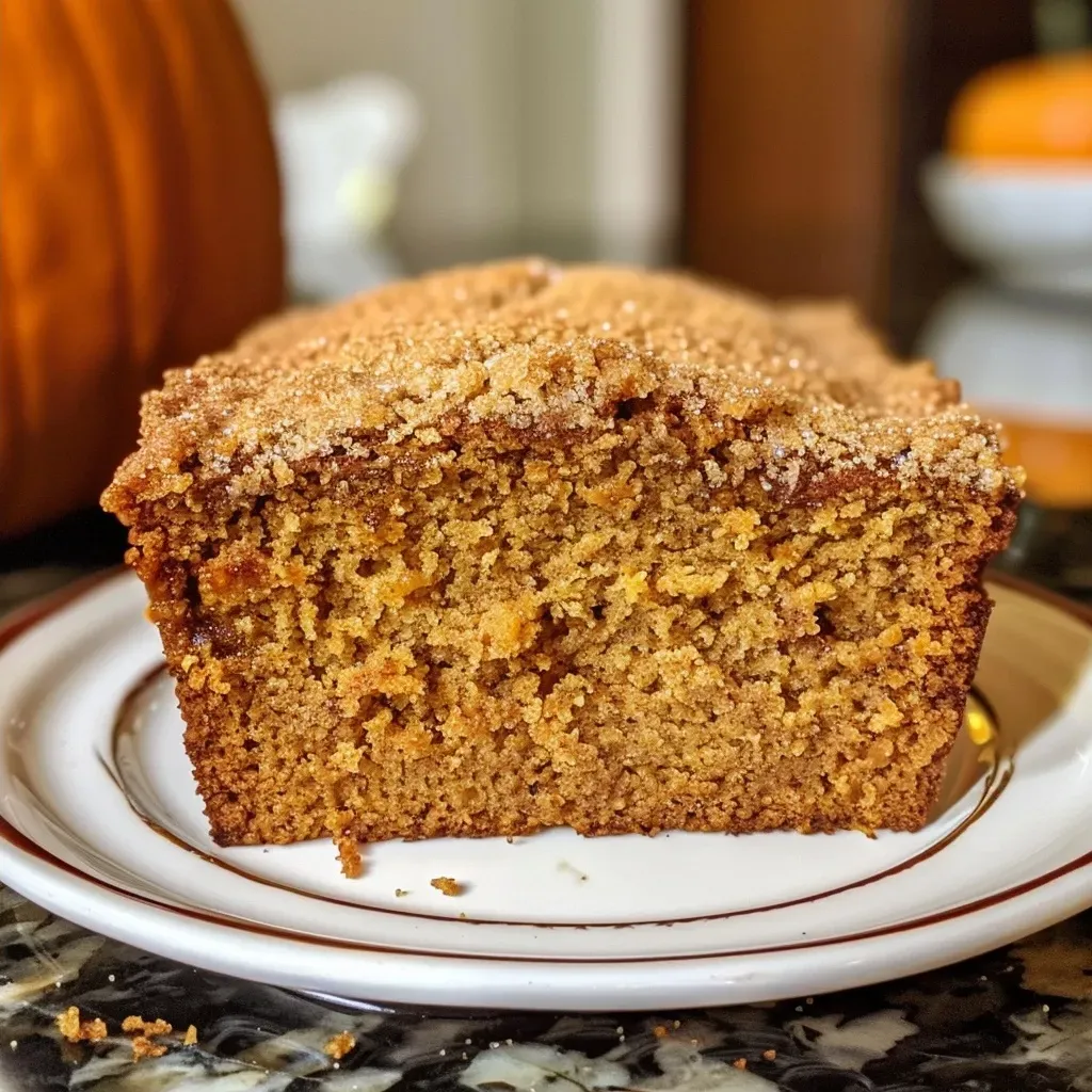 ['Close-up view of a slice of pumpkin spice bread topped with cinnamon sugar.', 'Side view of freshly baked pumpkin spice bread with a sugary cinnamon crust.', 'Juicy slice of pumpkin spice bread adorned with a golden cinnamon sugar topping.', 'Delicious pumpkin spice bread showcasing a sprinkle of cinnamon sugar on the crust.']
