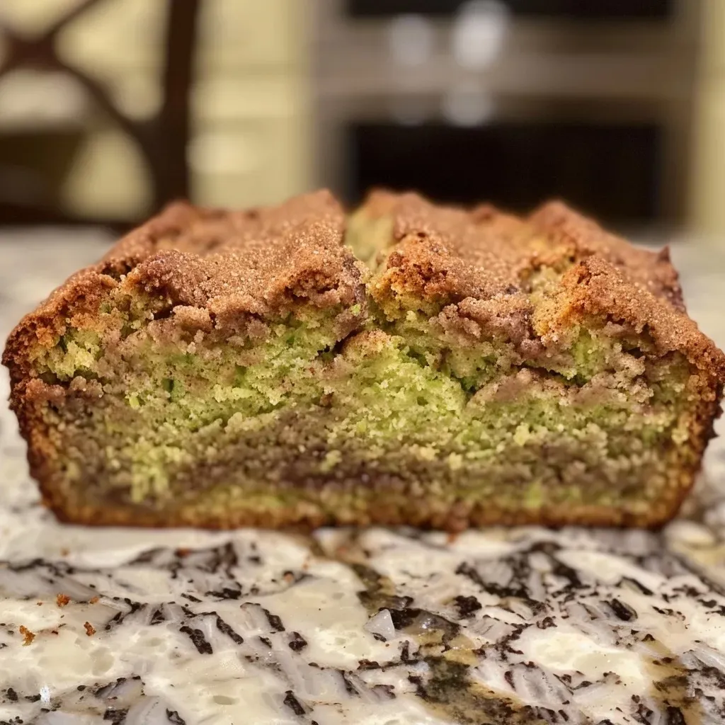 ['A moist slice of cinnamon swirl zucchini bread with visible green flecks.', 'Close-up view of a hearty piece of zucchini bread featuring a cinnamon swirl.', 'Deliciously baked zucchini bread showcasing a rich, swirled cinnamon pattern.', 'Side view of freshly baked cinnamon zucchini bread, highlighting its moist texture.']