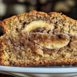 ['Close-up side view of a loaf of cinnamon swirled banana bread with a glossy crust.', 'A juicy slice of banana bread with cinnamon swirls, garnished with banana slices.', 'Detailed view of a moist cinnamon banana bread showcasing its rich texture and ingredients.', 'Side profile of freshly baked cinnamon swirled banana bread, highlighting its golden-brown crust.']