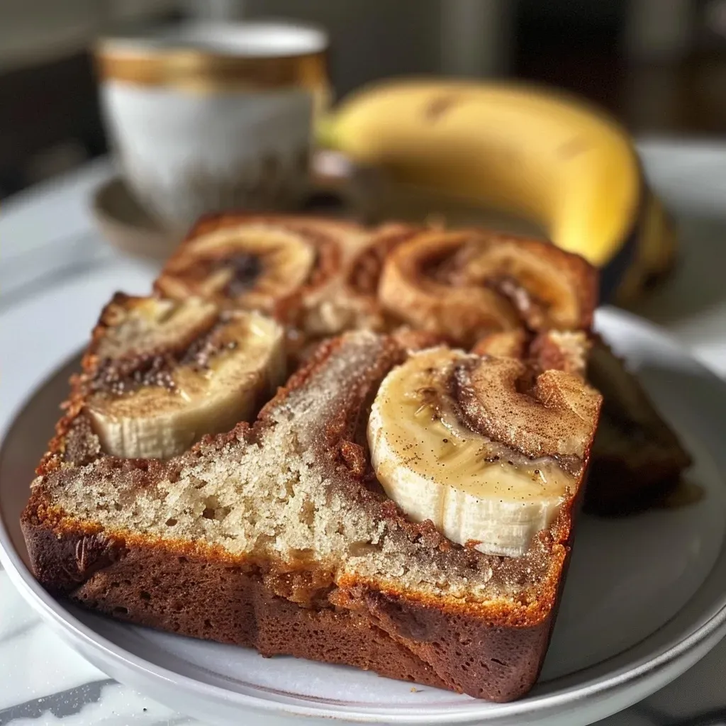 ['Close-up side view of a loaf of cinnamon swirled banana bread with a glossy crust.', 'A juicy slice of banana bread with cinnamon swirls, garnished with banana slices.', 'Detailed view of a moist cinnamon banana bread showcasing its rich texture and ingredients.', 'Side profile of freshly baked cinnamon swirled banana bread, highlighting its golden-brown crust.']