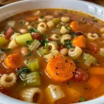 ['Close-up of a bowl filled with Classic Minestrone Soup featuring vibrant vegetables and gluten-free noodles.', 'Side view of a hearty bowl of gluten-free minestrone soup with colorful ingredients and fresh herbs.', 'A delicious serving of minestrone soup showcasing diced vegetables and elbow macaroni, garnished with parsley.', 'Warm bowl of Classic Minestrone Soup with gluten-free noodles, displayed with fresh herbs and a sprinkle of cheese.']