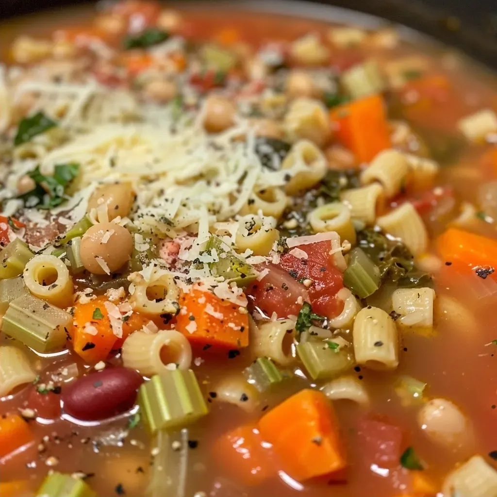 ['Close-up of a bowl filled with Classic Minestrone Soup featuring vibrant vegetables and gluten-free noodles.', 'Side view of a hearty bowl of gluten-free minestrone soup with colorful ingredients and fresh herbs.', 'A delicious serving of minestrone soup showcasing diced vegetables and elbow macaroni, garnished with parsley.', 'Warm bowl of Classic Minestrone Soup with gluten-free noodles, displayed with fresh herbs and a sprinkle of cheese.']