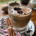 ['Close-up view of a steaming Coconut Chai in a cup, showcasing its creamy texture.', 'Side view of a Coconut Chai beverage with spices and herbs visible.', 'Juicy and rich Coconut Chai in a glass, garnished with spices.', 'Detailed shot of Coconut Chai, highlighting the coconut milk and tea leaves.']