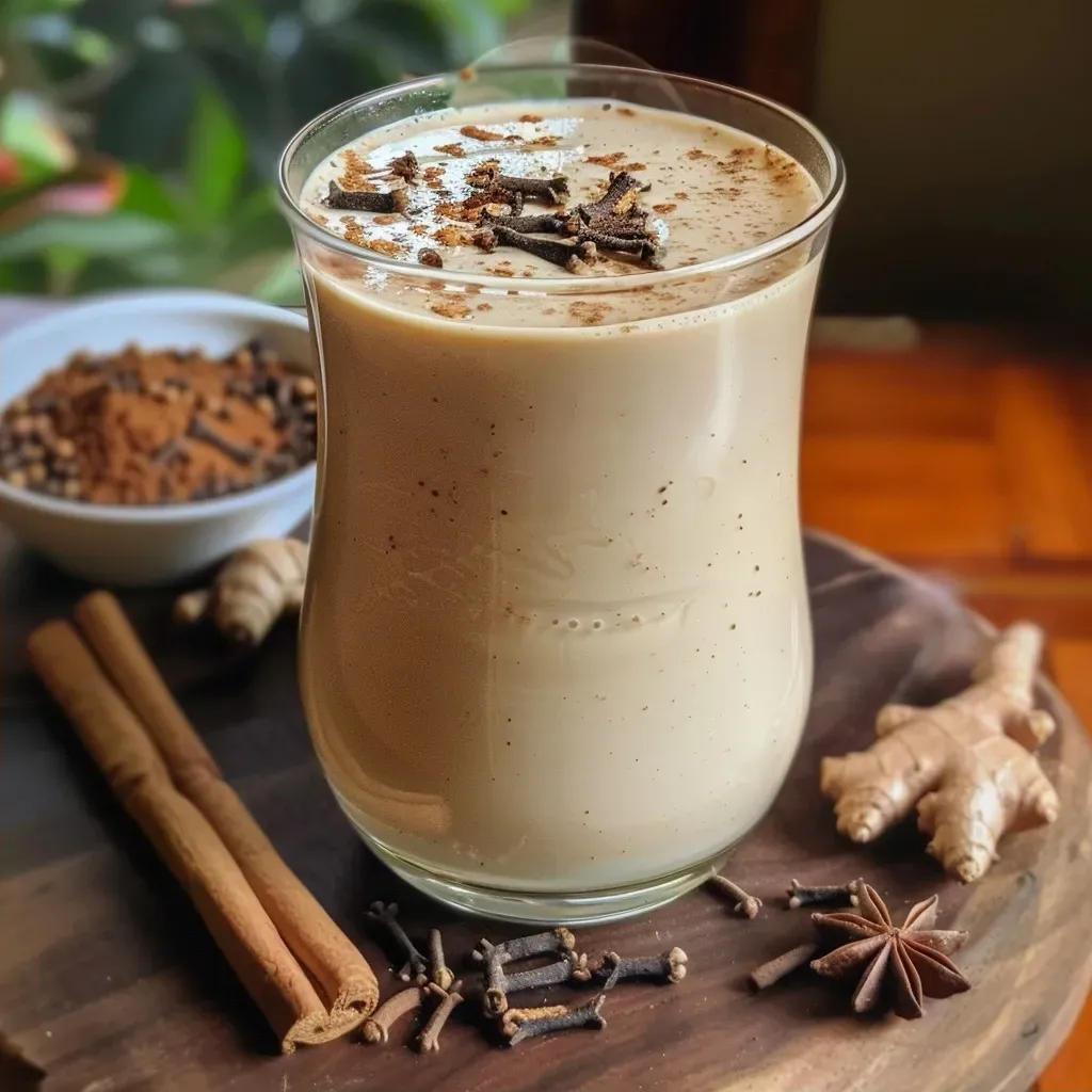 ['Close-up view of a steaming Coconut Chai in a cup, showcasing its creamy texture.', 'Side view of a Coconut Chai beverage with spices and herbs visible.', 'Juicy and rich Coconut Chai in a glass, garnished with spices.', 'Detailed shot of Coconut Chai, highlighting the coconut milk and tea leaves.']