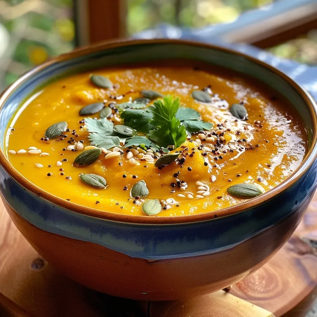 ['Close-up of a creamy coconut curry pumpkin soup with vibrant orange color, garnished with cilantro and pumpkin seeds.', 'Side view of a delicious pumpkin soup in a bowl, showcasing the texture and garnishes of coconut and spices.', 'Rich coconut curry pumpkin soup with a smooth consistency, topped with fresh cilantro and toasted seeds.', 'Appetizing presentation of pumpkin soup with a bright orange hue, highlighting the coconut milk and spices.']