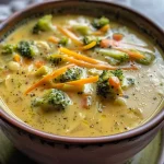 ['Close-up of Copycat Panera Broccoli Cheddar Soup in a bowl, featuring chunks of broccoli and cheese.', 'Side view of a creamy Broccoli Cheddar Soup with vibrant carrots and broccoli florets.', 'Delicious-looking bowl of Broccoli Cheddar Soup, showcasing melted cheese and fresh vegetables.', 'Rich and creamy Copycat Panera Broccoli Cheddar Soup with bright colors and textures.']