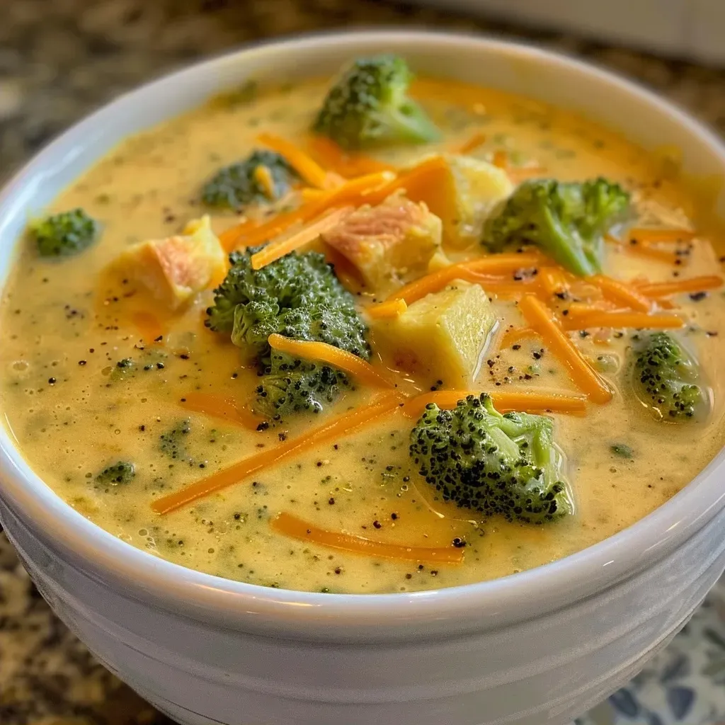 ['Close-up of Copycat Panera Broccoli Cheddar Soup in a bowl, featuring chunks of broccoli and cheese.', 'Side view of a creamy Broccoli Cheddar Soup with vibrant carrots and broccoli florets.', 'Delicious-looking bowl of Broccoli Cheddar Soup, showcasing melted cheese and fresh vegetables.', 'Rich and creamy Copycat Panera Broccoli Cheddar Soup with bright colors and textures.']