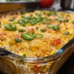 ['Close-up view of a golden corn casserole with a creamy texture.', 'Slice of corn casserole showing juicy kernels and a cheesy top.', 'Side angle of freshly baked corn casserole with melted cheese and corn.', 'Detail shot of a corn casserole dish, highlighting its fluffy consistency and buttery crust.']