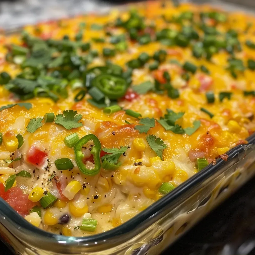 ['Close-up view of a golden corn casserole with a creamy texture.', 'Slice of corn casserole showing juicy kernels and a cheesy top.', 'Side angle of freshly baked corn casserole with melted cheese and corn.', 'Detail shot of a corn casserole dish, highlighting its fluffy consistency and buttery crust.']