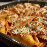 ['Close-up view of juicy Cottage Cheese Stuffed Shells with marinara sauce and melted mozzarella.', 'Side view of Cottage Cheese Stuffed Shells, showcasing the cheesy filling and sauce.', 'Juicy Cottage Cheese Stuffed Shells topped with marinara and mozzarella cheese, photographed with an iPhone.', 'Delicious jumbo pasta shells filled with cottage cheese, garnished with marinara sauce.']