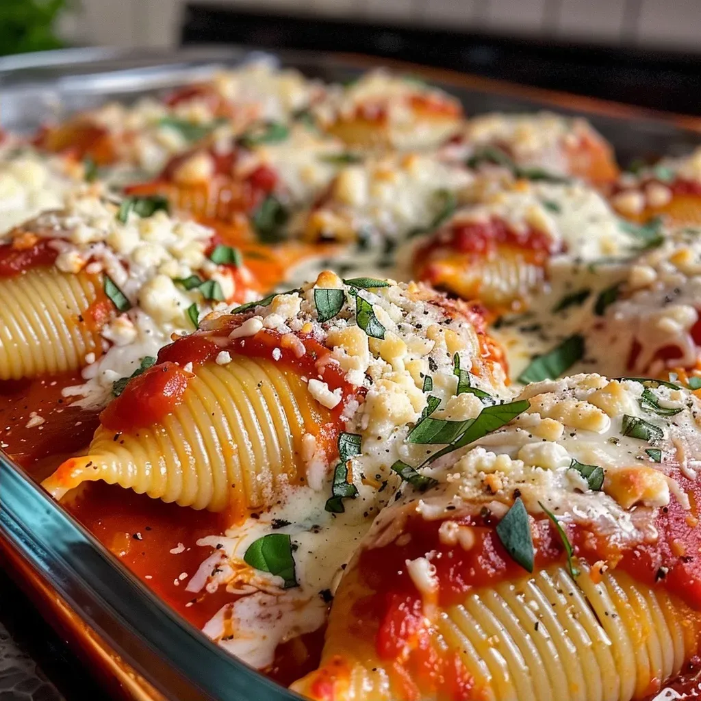 ['Close-up view of juicy Cottage Cheese Stuffed Shells with marinara sauce and melted mozzarella.', 'Side view of Cottage Cheese Stuffed Shells, showcasing the cheesy filling and sauce.', 'Juicy Cottage Cheese Stuffed Shells topped with marinara and mozzarella cheese, photographed with an iPhone.', 'Delicious jumbo pasta shells filled with cottage cheese, garnished with marinara sauce.']