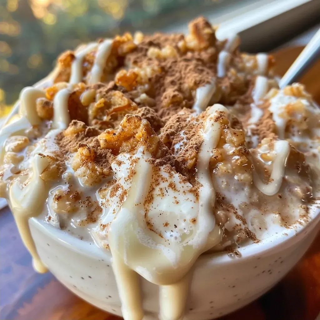 ['A close-up view of cozy cinnamon roll overnight oats topped with creamy icing in a glass jar.', 'Side view of a delectable bowl of cinnamon roll overnight oats drizzled with cream cheese icing.', 'A vibrant dish of cozy cinnamon roll overnight oats, showcasing the texture and toppings.', 'A detailed shot of overnight oats with cinnamon flavor, finished with a smooth layer of cream cheese icing.']