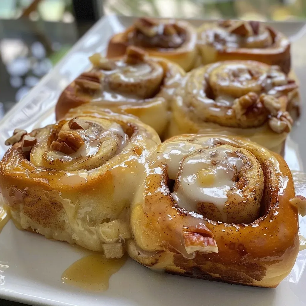 ['Close-up view of soft-baked apple cinnamon rolls topped with cream cheese frosting.', 'Side view of freshly baked apple cinnamon rolls, drizzled with icing and garnished with pecans.', 'Juicy, golden-brown apple cinnamon rolls displayed on a plate, showcasing their fluffy texture.', 'Warm, soft apple cinnamon rolls filled with diced apples, cinnamon, and sugar.']