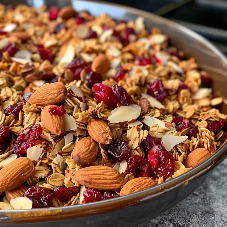 ['Close-up view of crunchy granola with cranberries and almonds.', 'Side view of a bowl filled with cranberry almond granola.', 'Juicy granola with visible dried cranberries and halved almonds.', 'Textured granola showcasing vibrant red cranberries and brown almonds.']