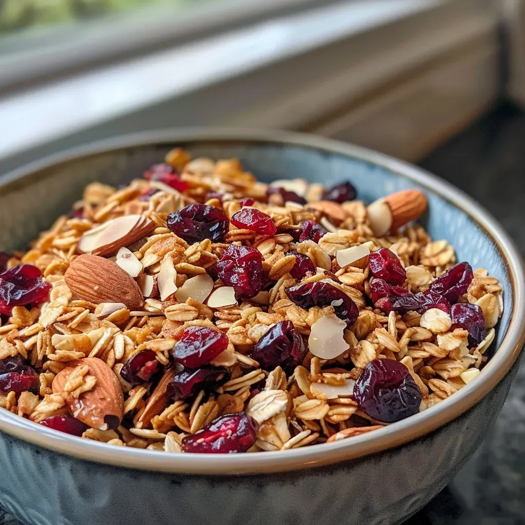 ['Close-up view of crunchy granola with cranberries and almonds.', 'Side view of a bowl filled with cranberry almond granola.', 'Juicy granola with visible dried cranberries and halved almonds.', 'Textured granola showcasing vibrant red cranberries and brown almonds.']