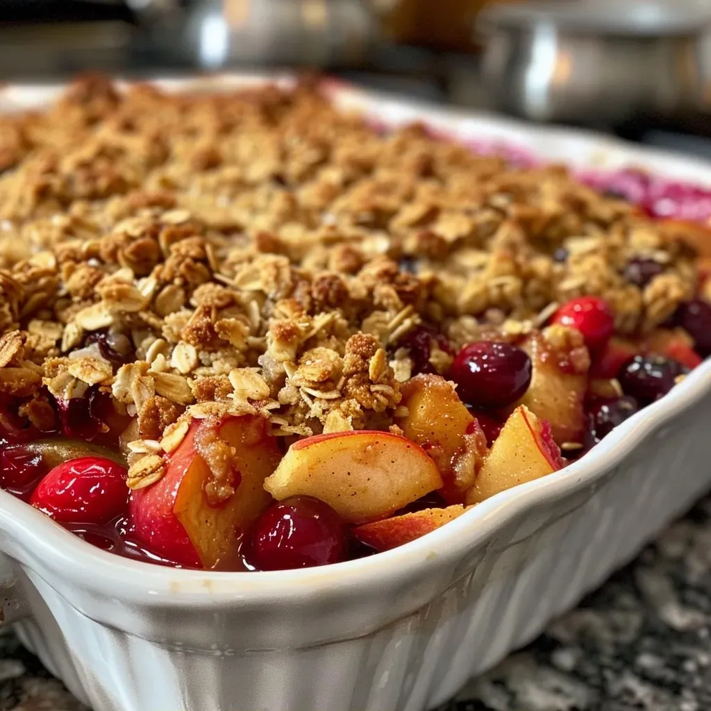 ['Close-up of a delicious cranberry apple crisp with a golden brown topping and visible cranberries and apple slices.', 'Side view of a freshly baked cranberry apple crisp, showcasing its crumbly topping and juicy fruit filling.', 'Detailed view of a cranberry apple crisp, emphasizing the crispy oat topping and rich color of the fruit beneath.', 'Close-up shot of cranberry apple crisp, revealing layers of apples and cranberries covered with a crunchy topping.']