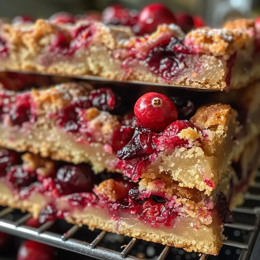 ['Close-up side view of a scrumptious cranberry bar topped with a glossy coating.', 'A detailed shot of a juicy cranberry bar showcasing its rich texture and vibrant color.', 'Side view of a delectable cranberry bar highlighting its inviting layers and moist appearance.', 'An up-close perspective of homemade cranberry bars, revealing their fruity filling and crumbly exterior.']