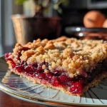 ['Close-up view of juicy cranberry crumble bars with a textured topping.', 'Side angle image of delicious cranberry crumble bars, showcasing the layers and glaze.', 'Detailed photograph of cranberry crumble bars, highlighting their crumbly crust and vibrant filling.', 'Mouth-watering image of cranberry crumble bars with a flaky topping and rich cranberry sauce.']