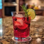 ['Close-up of a refreshing cranberry mocktail with rosemary garnish.', 'Side view of a sparkling cranberry drink garnished with lime and rosemary.', 'Juicy cranberry spritz in a glass, showcasing vibrant colors and elegant herbs.', 'Detailed view of a mocktail featuring cranberry juice and lime slices.']