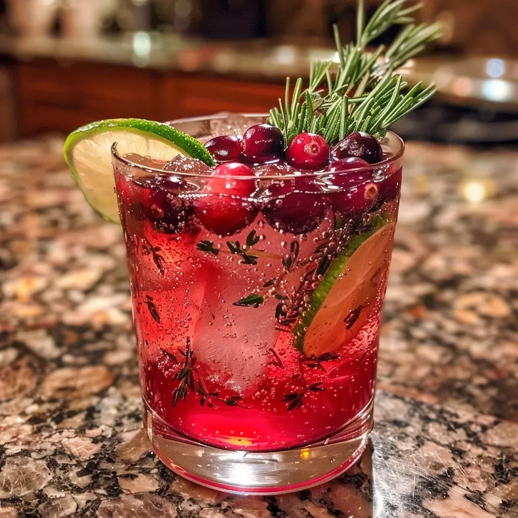 ['Close-up of a refreshing cranberry mocktail with rosemary garnish.', 'Side view of a sparkling cranberry drink garnished with lime and rosemary.', 'Juicy cranberry spritz in a glass, showcasing vibrant colors and elegant herbs.', 'Detailed view of a mocktail featuring cranberry juice and lime slices.']
