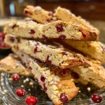 ['Close-up view of cranberry orange biscotti with a golden-brown exterior and visible cranberry and almond pieces.', 'Side view of a slice of cranberry orange biscotti showcasing its crunchy texture and vibrant orange zest.', 'Detailed image of cranberry orange biscotti displaying bits of dried cranberries and almonds, with a glistening white chocolate dip.', 'Close-up of freshly baked cranberry orange biscotti highlighting its crumbly structure and hints of orange.']