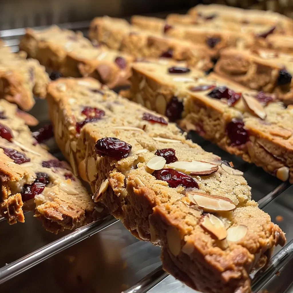 ['Close-up view of cranberry orange biscotti with a golden-brown exterior and visible cranberry and almond pieces.', 'Side view of a slice of cranberry orange biscotti showcasing its crunchy texture and vibrant orange zest.', 'Detailed image of cranberry orange biscotti displaying bits of dried cranberries and almonds, with a glistening white chocolate dip.', 'Close-up of freshly baked cranberry orange biscotti highlighting its crumbly structure and hints of orange.']